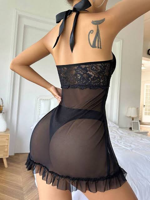 Front Knot Lace Panel Halter Neck Sexy Babydoll Lingerie Dress